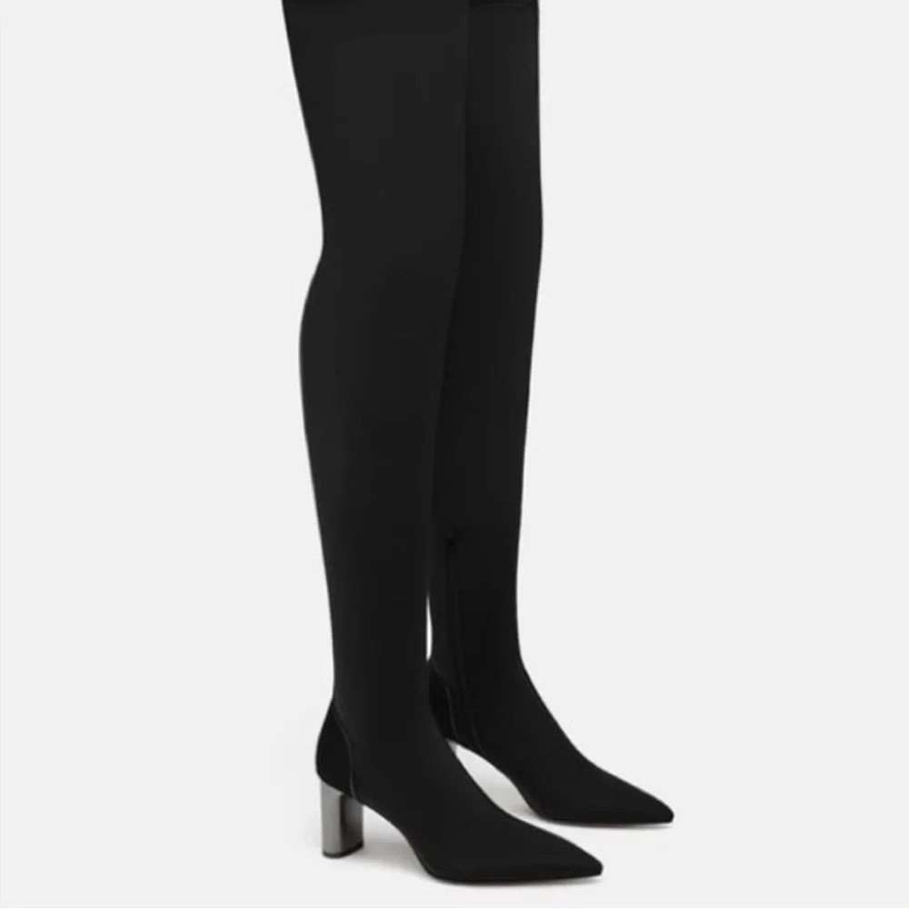 ZARA Over the Knee Stretch Black Boots Silver Heel Size 8 Thigh High Neoprene